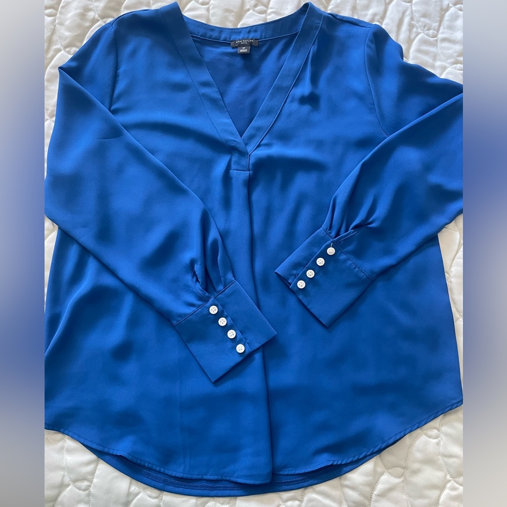 Ann Taylor V-Neck Long Sleeve Blouse — Royal Blue